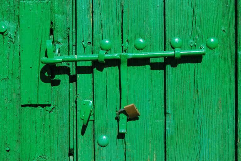 Verrou baïonnette : long verrou à tige coulissante et son cadenas sur une porte en bois peinte en vert