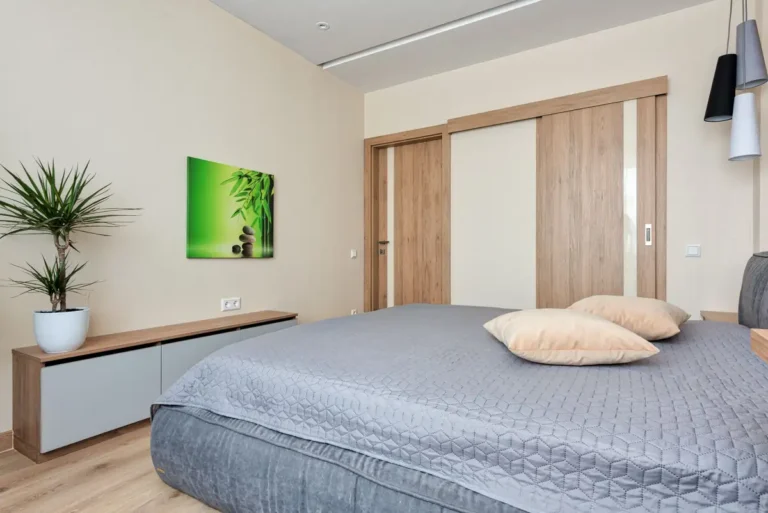 Porte coulissante en bois d’un placard de chambre, avec sa poignée à cuvette encastrée et son rail de guidage